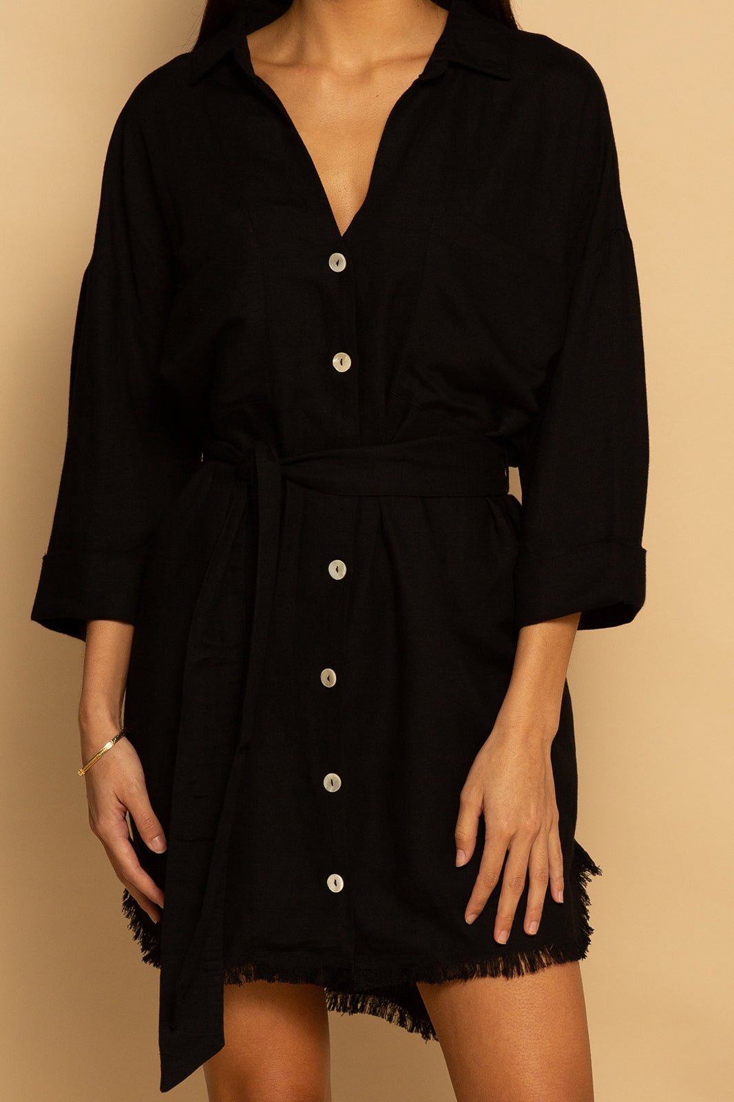 TIE WAIST OVERSIZED LINEN DRESS - BLACK - XS