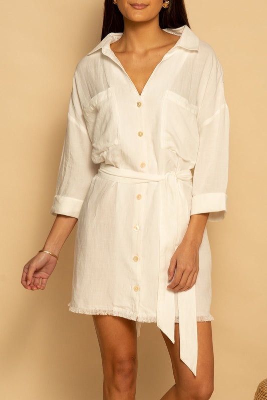 TIE WAIST OVERSIZED LINEN DRESS - WHITE - XS