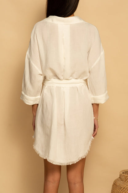 TIE WAIST OVERSIZED LINEN DRESS - WHITE - XS