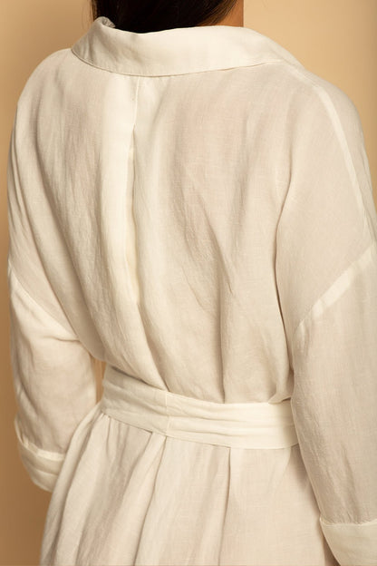 TIE WAIST OVERSIZED LINEN DRESS - WHITE - XS