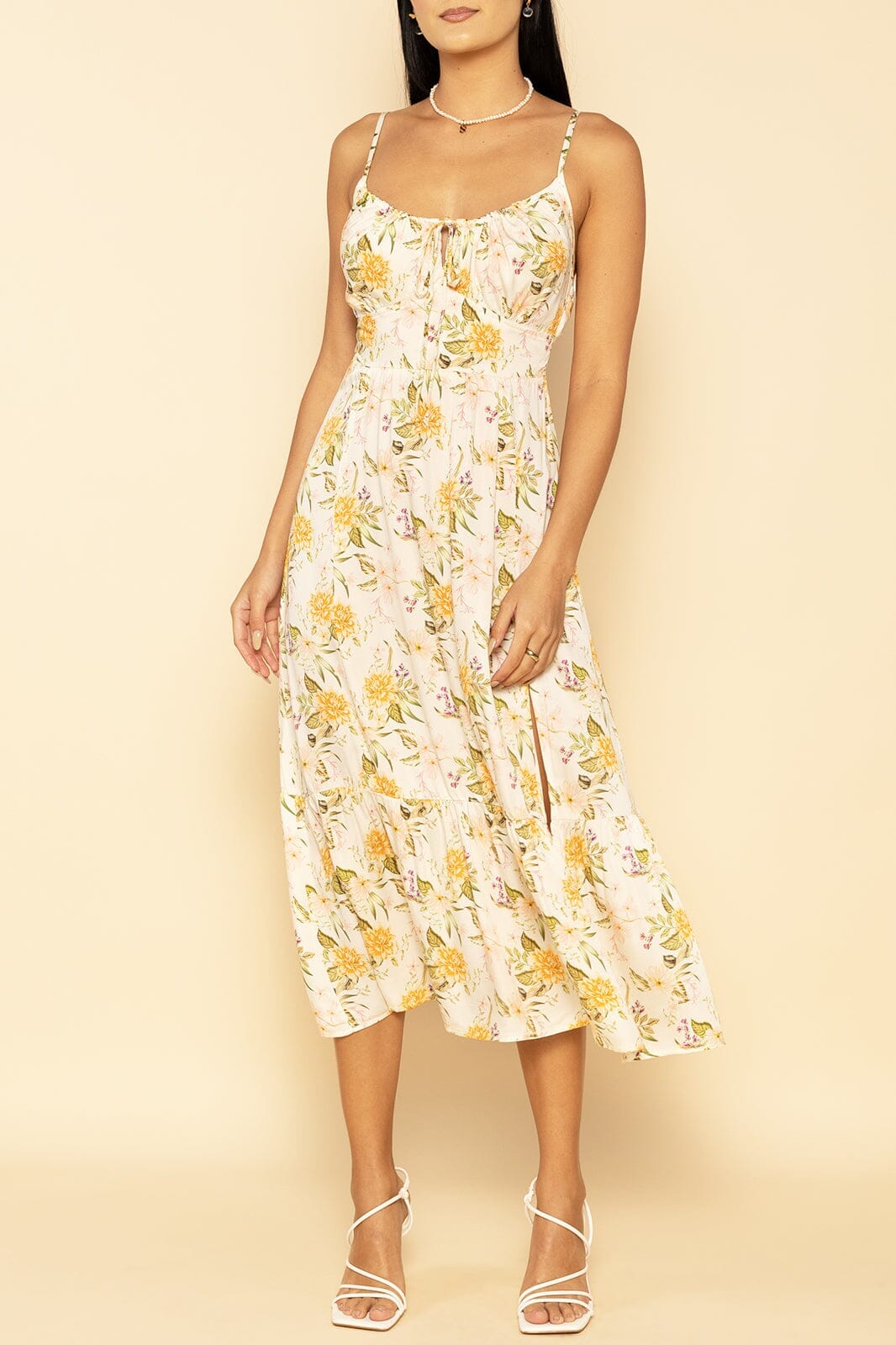 White With Yellow Flowers Sydney Tunnel Midi Dress