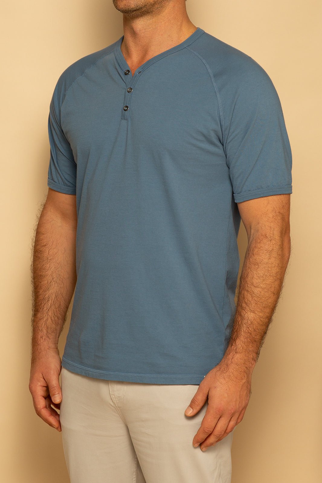 ORGANIC MENS HENLEY - FADED DENIM - S