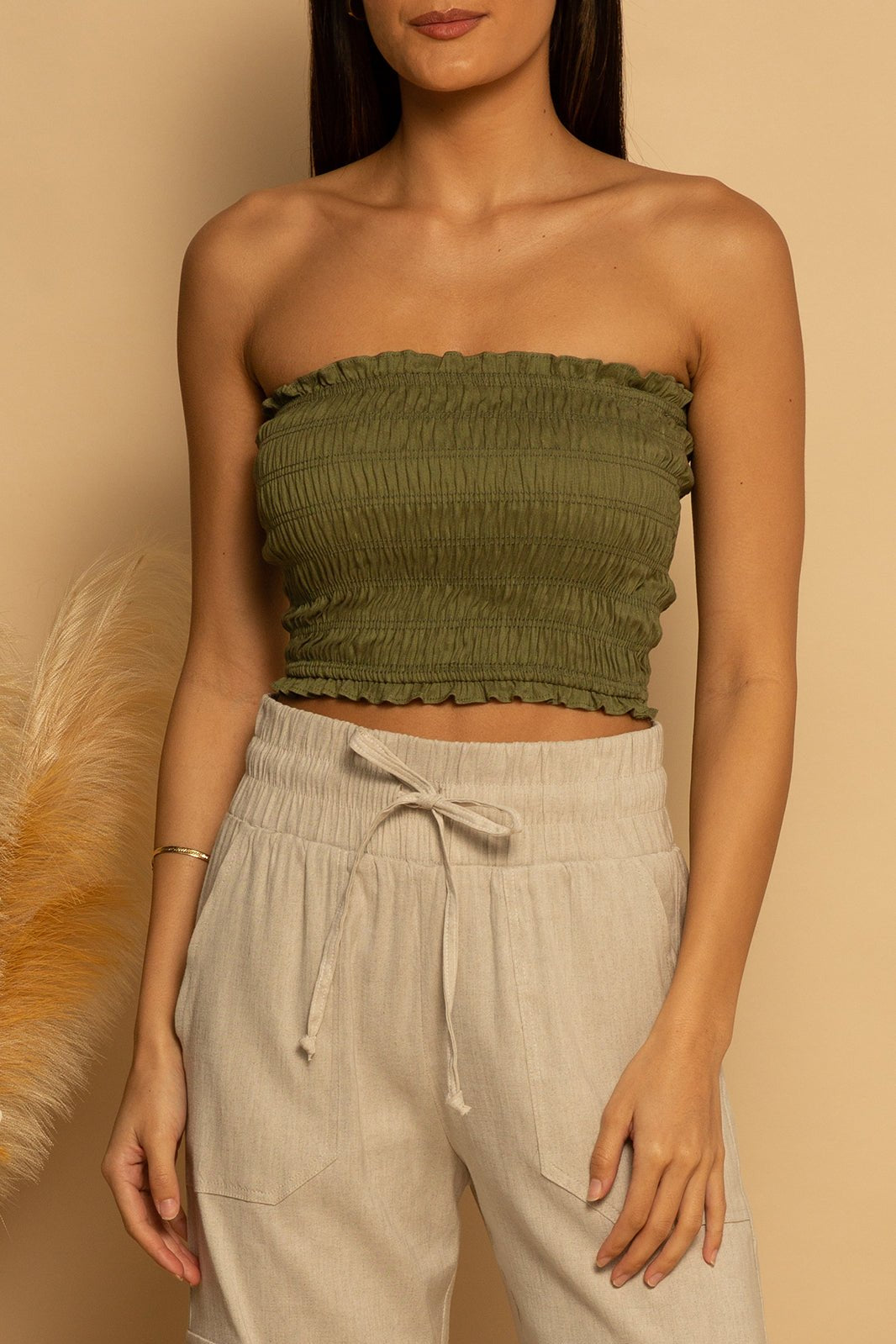 SMOCKED TUBE TOP - FOREST GREEN - XS