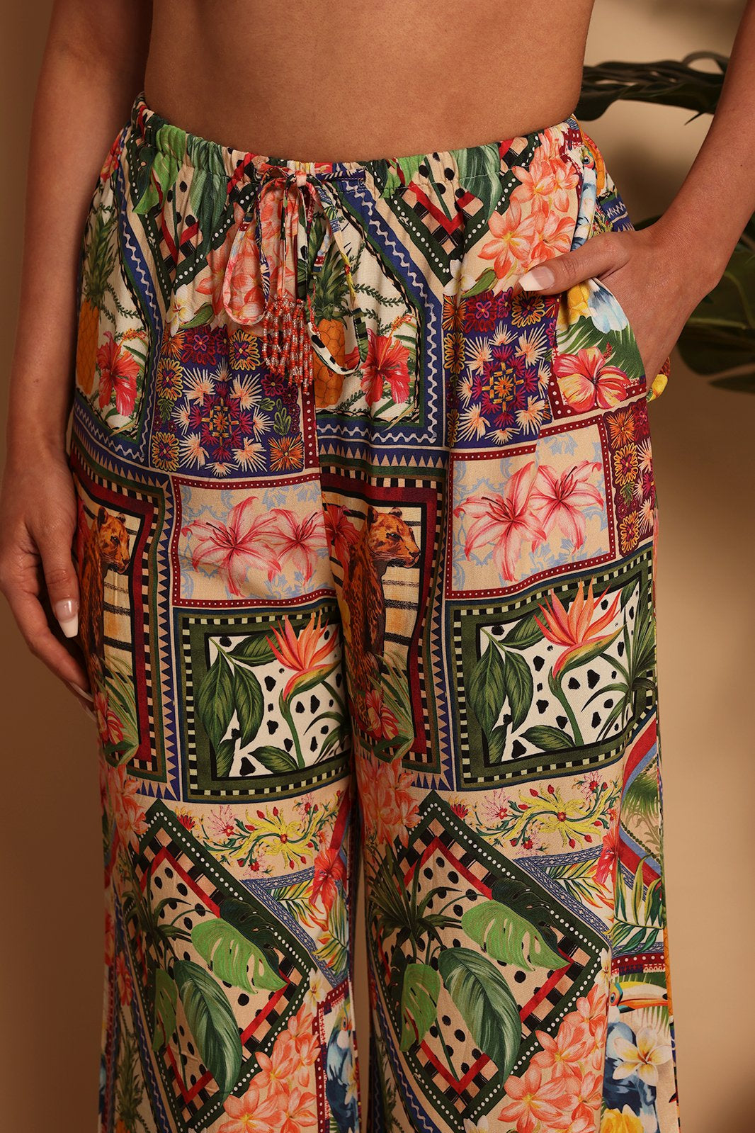 BEADED BEACH PANT - TROPICAL PATCHWORK - XS